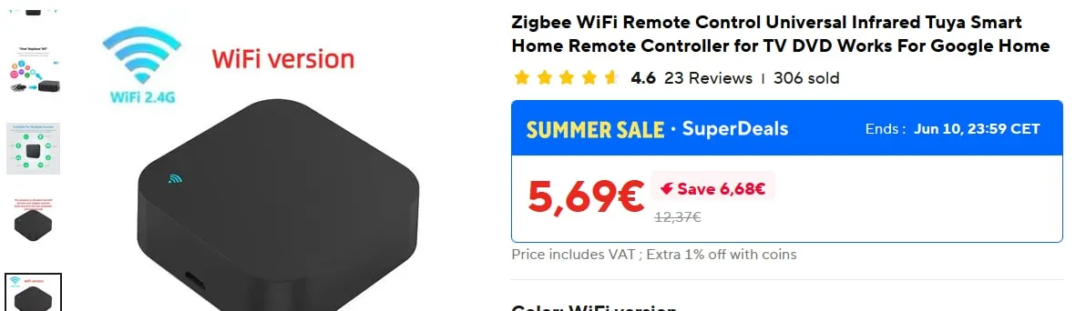 La pagina del negozio online dello Smart IR WiFi nero, a 5,69 euro