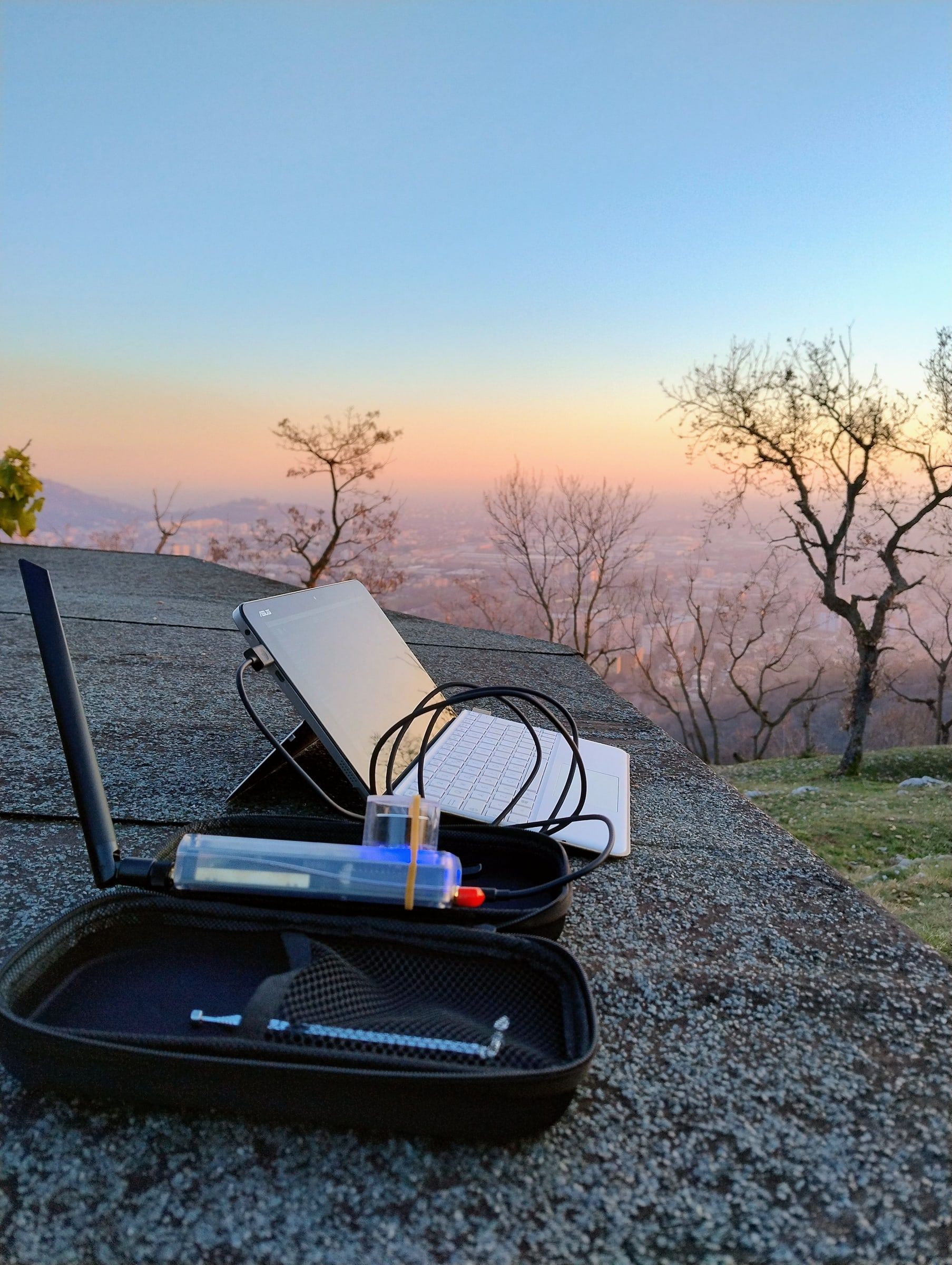 A field test on a hill at sunset