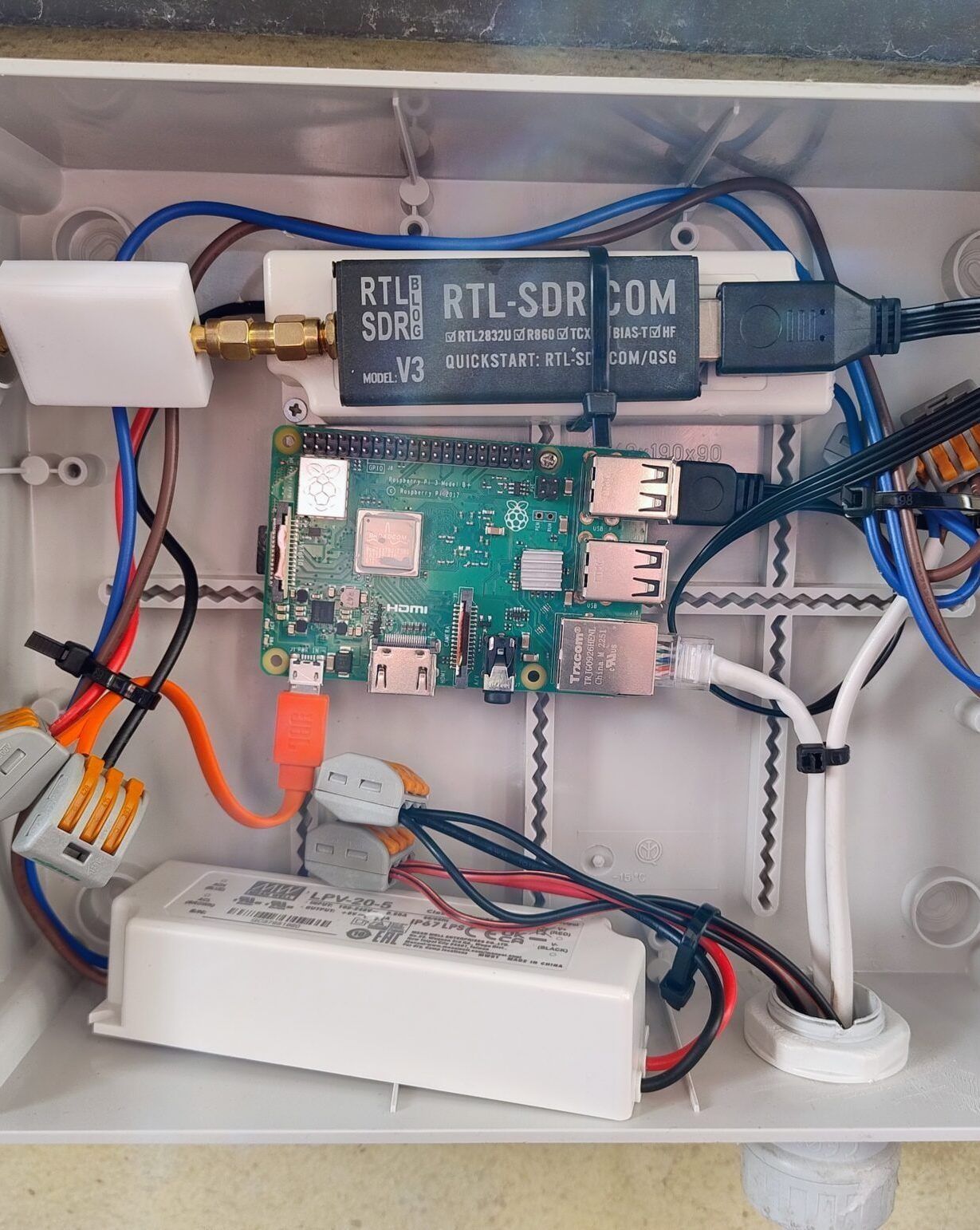 The inside of a grey box: a blue SDR stick and a green Raspberry Pi, with cables, connectors and a white power supply