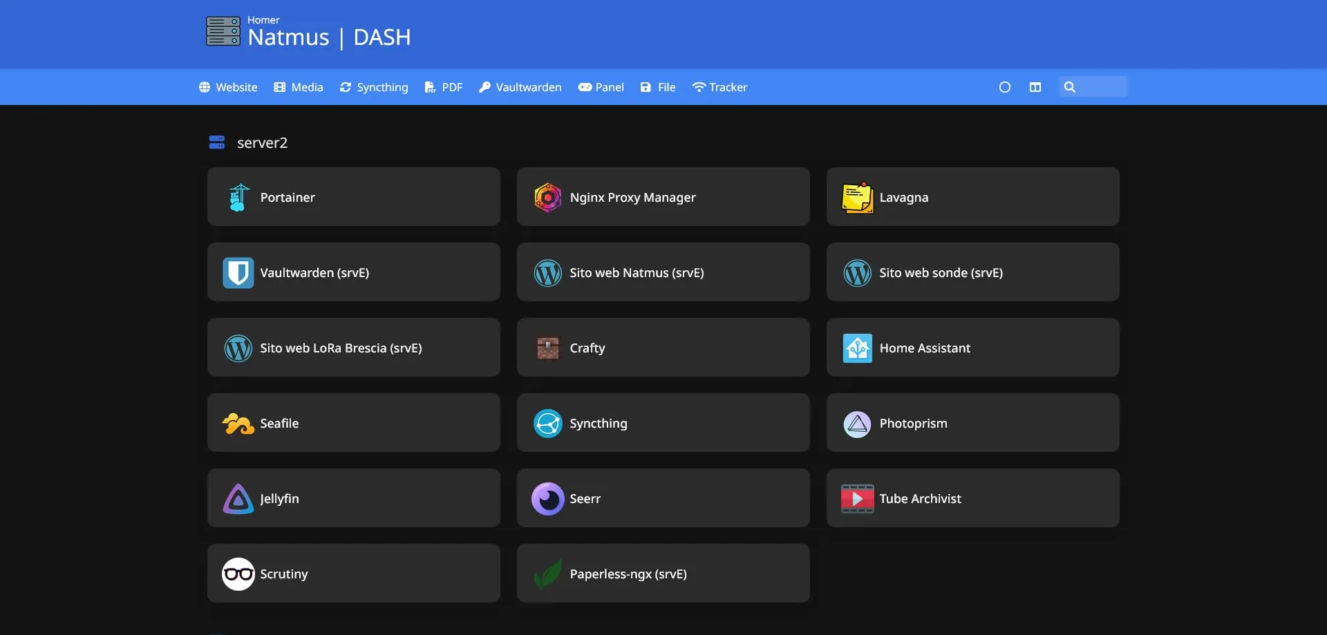 La pagina iniziale del server: i pulsanti di Portainer, Nginx Proxy Manager, Vaultwarden, Home Assistant, Seafile, Syncthing, Photoprism, Jellyfin, Seerr, Tube Archivist, Scrutiny e Paperless-ngx