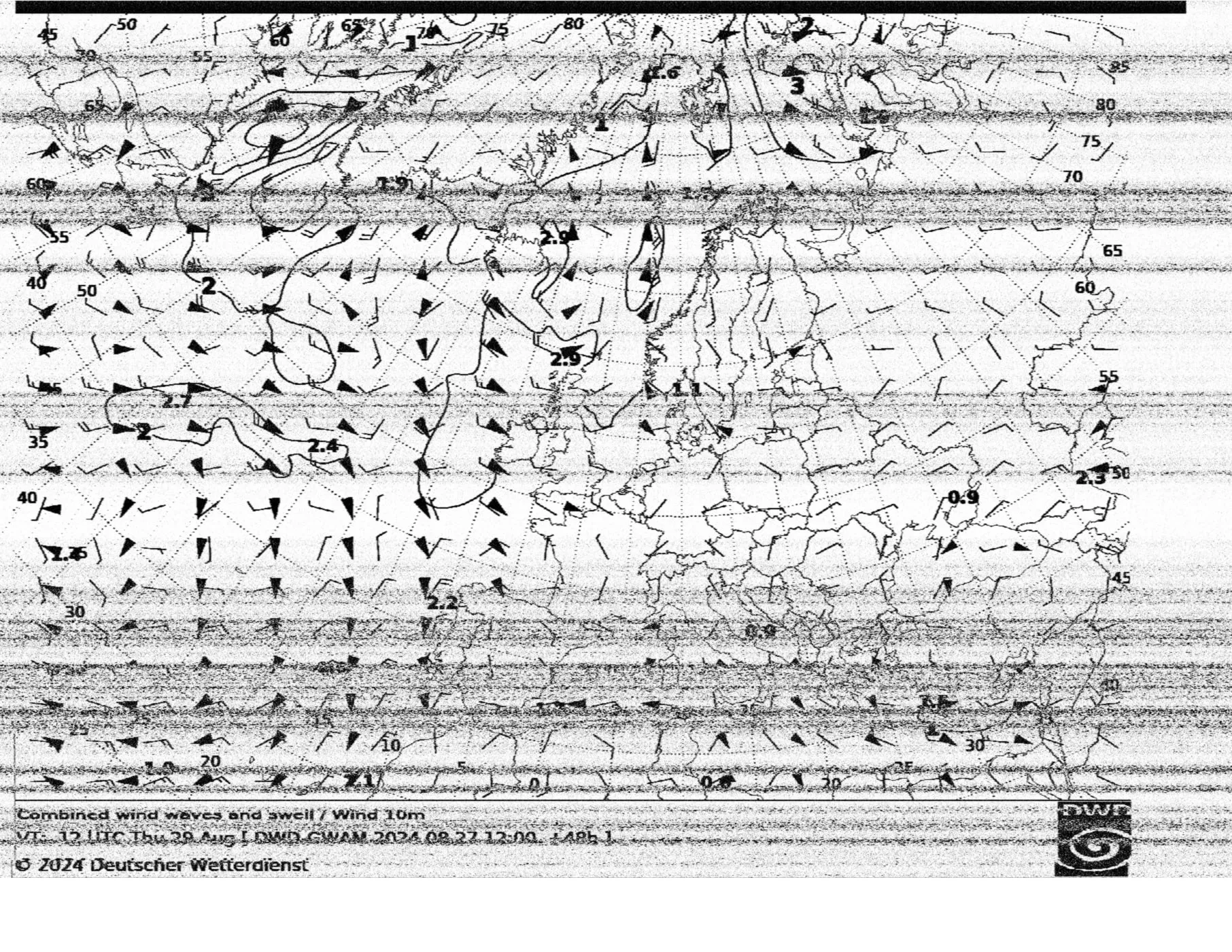 A weather chart received by radio, with wind arrows, wave lines and some lines of noise