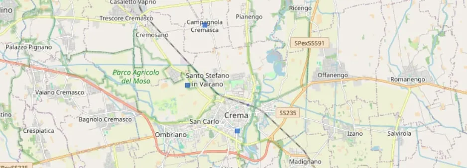 Map of the area around Crema with the positions of the three stations