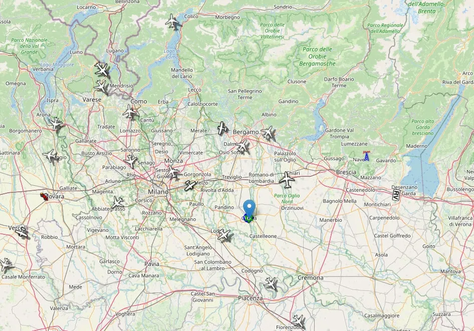 Map of Lombardy with lots of aircraft over the plain and a marker on Crema