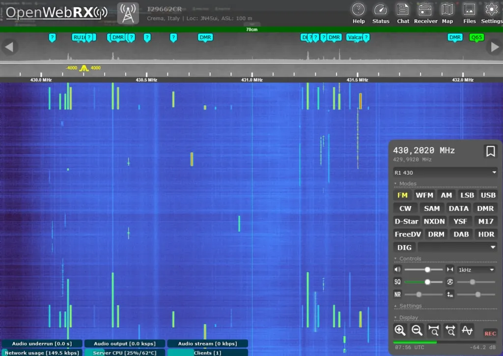 The OpenWebRX+ screen with the coloured waterfall of the spectrum around 430 MHz and the mode buttons