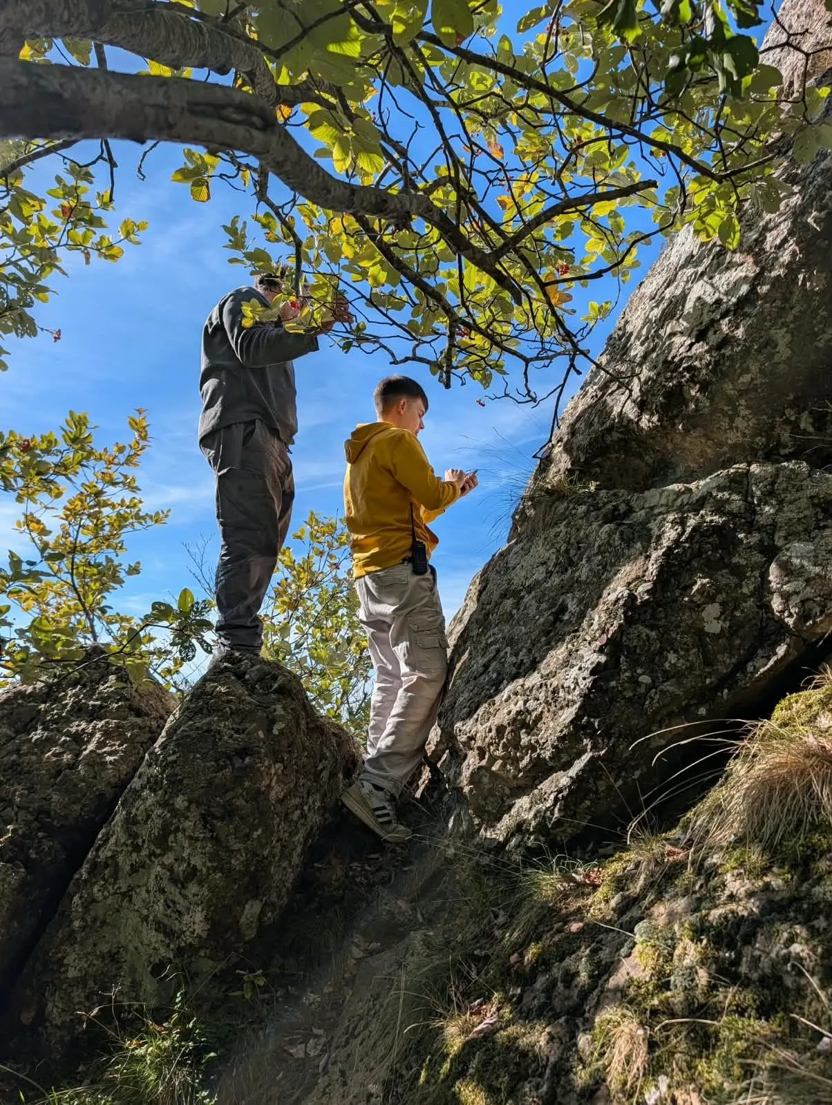 Stefano and another person in the mountains, among rocks and trees, setting up a gateway
