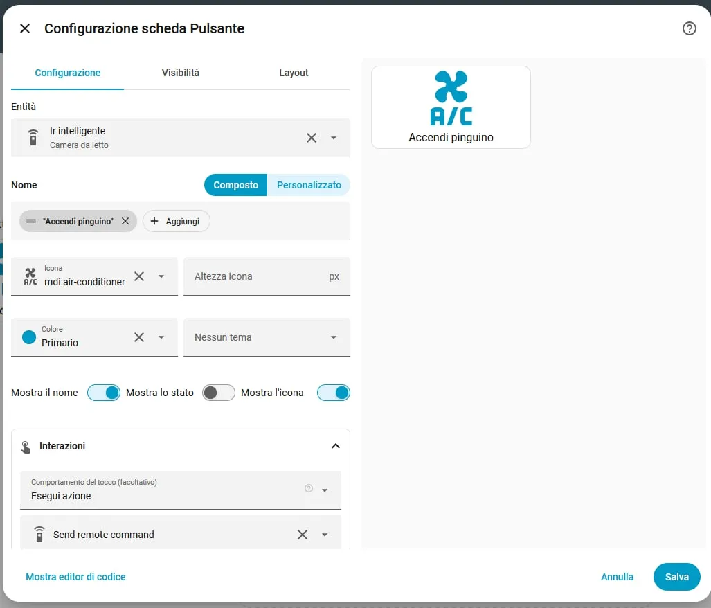 La configurazione del pulsante «Accendi pinguino» in Home Assistant, con l’azione «Send remote command» e il comando on_26