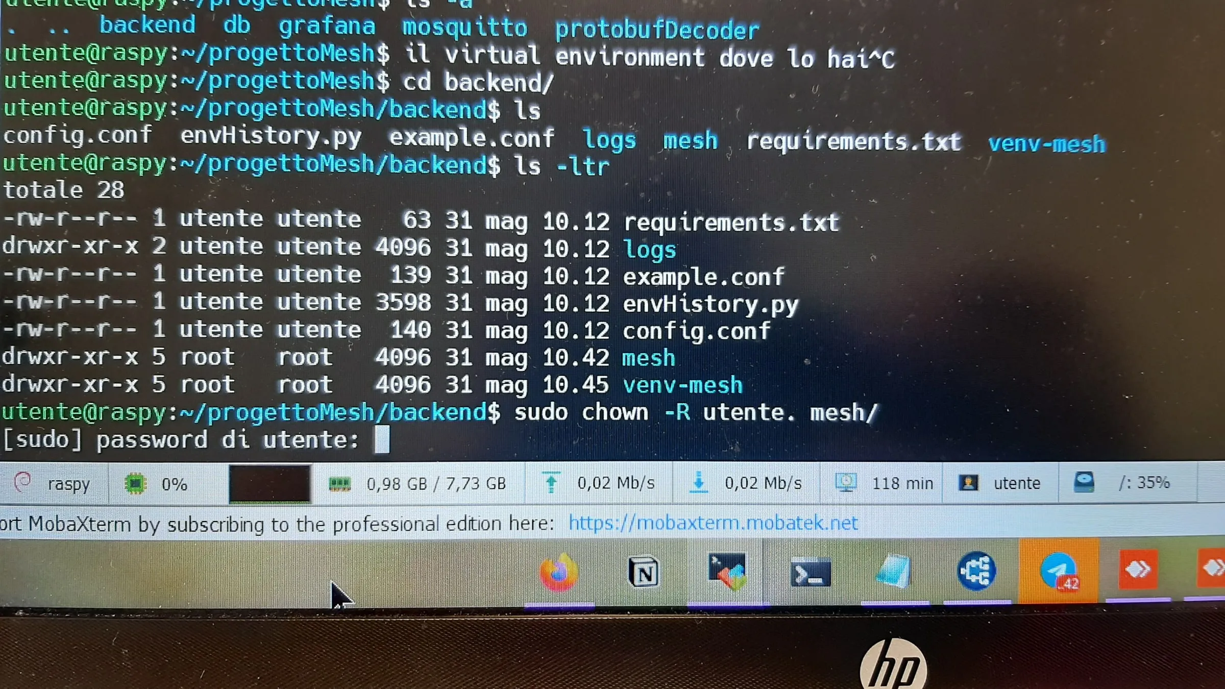 A laptop screen with a terminal connected to the Raspberry Pi