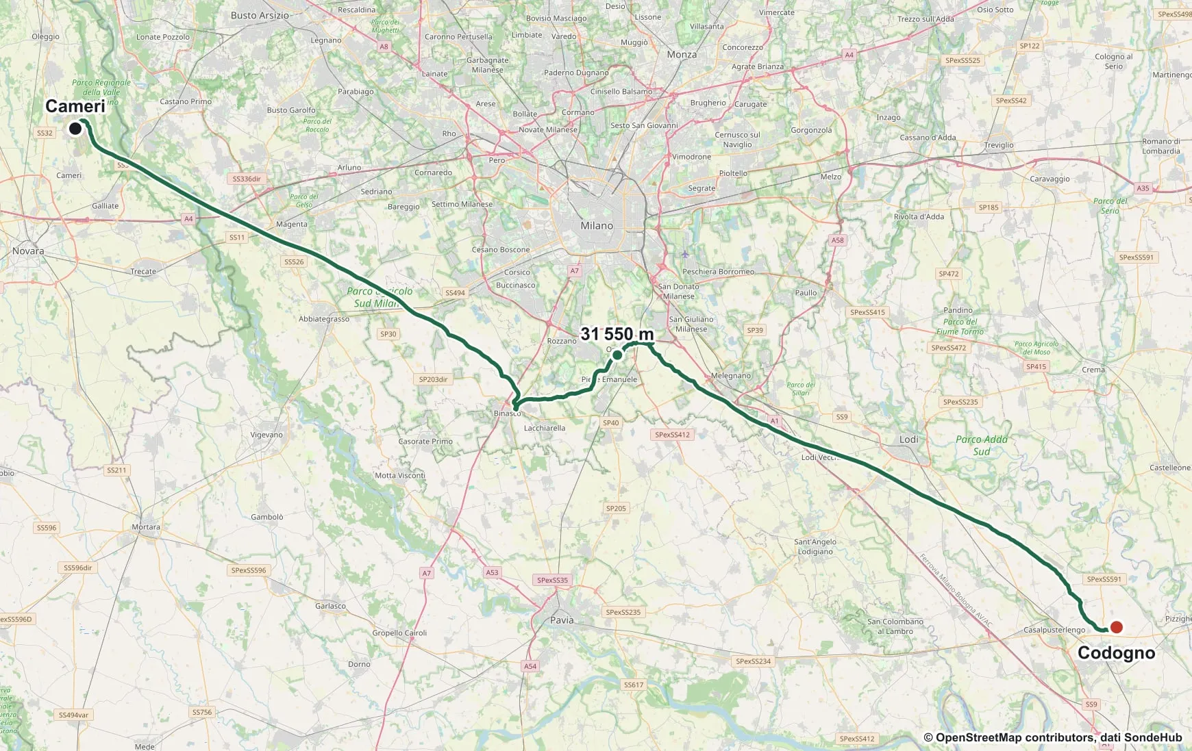 Map of Lombardy with the track of the sonde’s flight: from Cameri towards Milan, the highest point at 31,550 metres, then the descent to Codogno